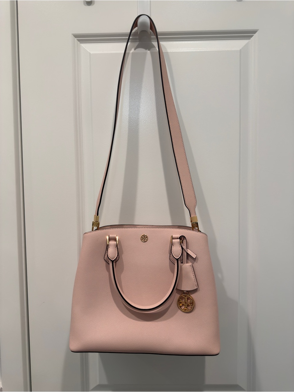 Tory Burch Blush Pink Leather Satchel with Gold-Tone Charm